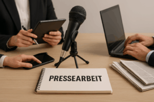 ChatGPT Image 8. Apr. 2025, 08_48_56 Menschen in einem Meeting. Vor Ihnen steht ein Mikrofon und ein Notizbuch mit dem Wort "Pressearbeit".